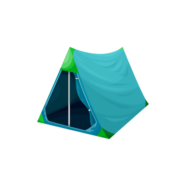 Camping tent isolated blue triangle shelter cartoon icon. Vector hiking cabin marquee, temporary house. Temporary home of scouts. Campsite awning, hiking tent, travel picnic house, outdoor adventures - Vektor, kép