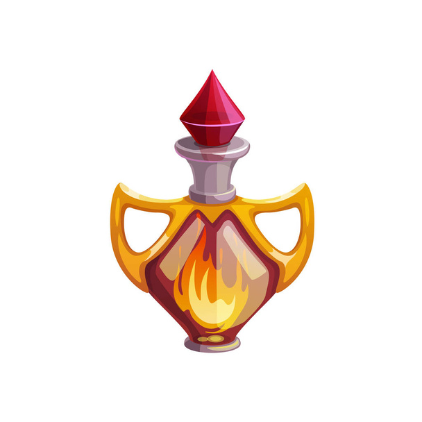Potion bottle vector icon, glass flask with burning fire inside and crystal bung and handles. Cartoon elixir for magic game. Witch poison, alchemy object isolated on white background - Wektor, obraz