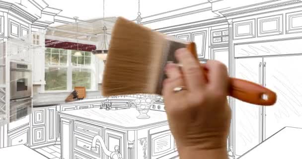 Male Hand Using Paint Brush to Reveal Before and After of Concept Line Drawing Design to Finished Kitchen Remodel. - Séquence, vidéo