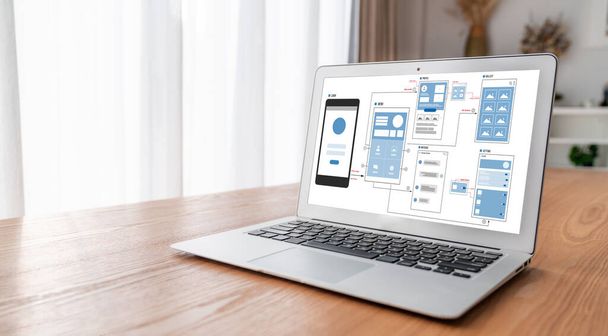 UX UI Design Prozess für modische mobile Anwendung und Website. Kreativer Prototyp von Wireframe für professionelle App-Entwickler . - Foto, Bild