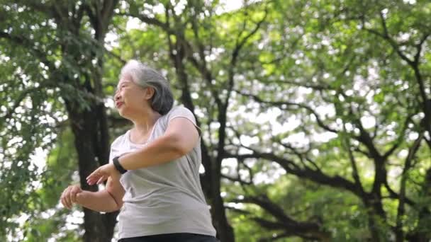 donna anziana che si allena nel parco Buon sorriso. concetto di assistenza sanitaria per gli anziani - Filmati, video