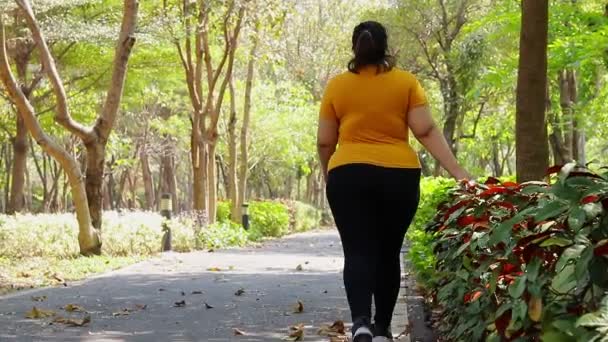 Mujer asiática gorda con blusa amarilla corriendo por la mañana en el parque. Concepto de pérdida de peso Ejercicio para la buena salud de las personas obesas. Copiar espacio - Metraje, vídeo