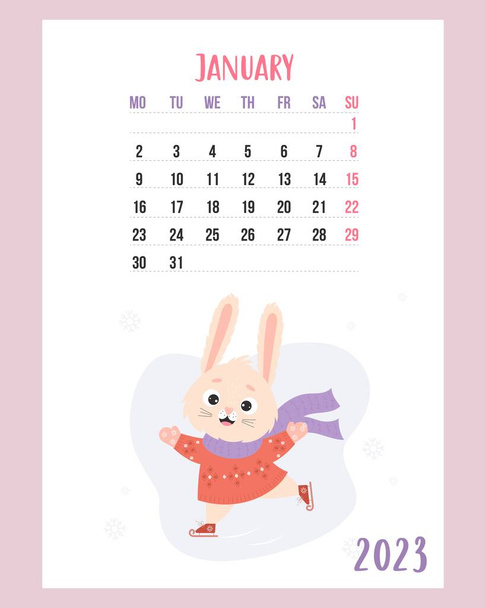 January 2023 calendar. Cute winter bunny in knitted clothes is skating on white background. 2023 year rabbit is to Chinese zodiac. Vector illustration. Vertical Template. Week from Monday In English - Vector, imagen