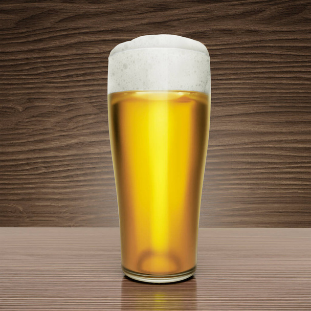 Glass with beer on wooden floor background.3d render - Foto, afbeelding