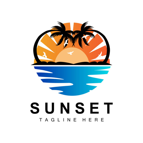 Sunset Beach Logo Design, Seascape Illustration, Red Day Vacation Spot Vector - Vector, afbeelding