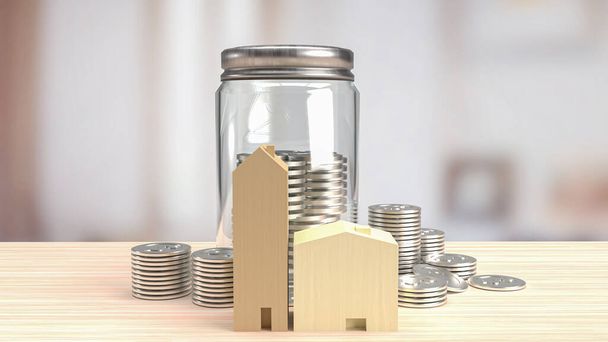 домашня дерев'яна іграшка і банки монети для збереження або концепції власності 3d рендеринга
 - Фото, зображення