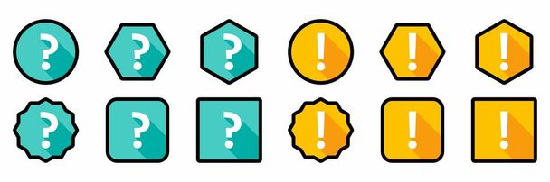 Question mark Icon Set, FAQ sign, Help symbol. Exclamation mark Icon Set, Attention sign, Caution icon, Hazard warning symbol. Light blue and Yellow style. Black stroke and shadow design. Flat style vector illustration. - Vector, Image