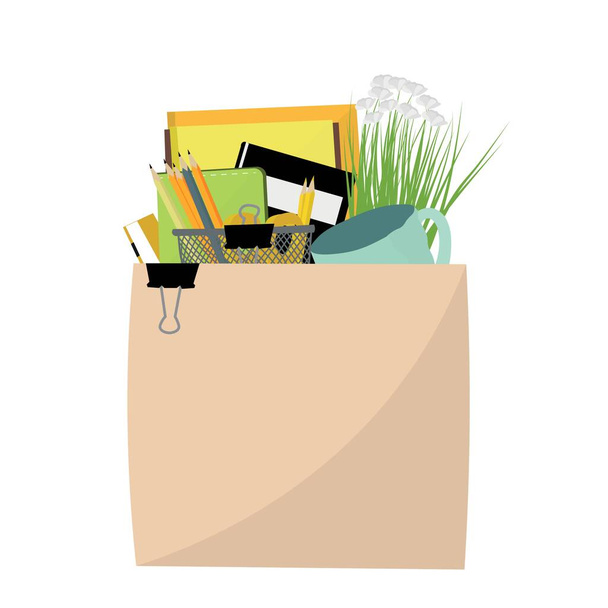 Box with personal things of dismissed worker on white background - Vector, afbeelding