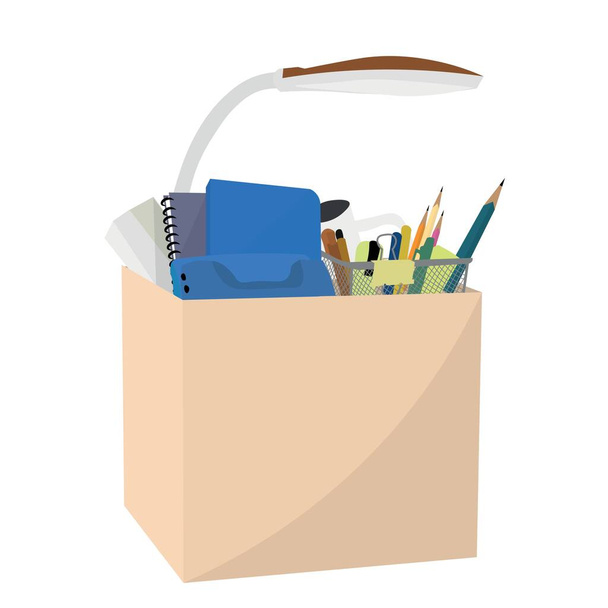 Box with personal things of dismissed worker on white background - ベクター画像