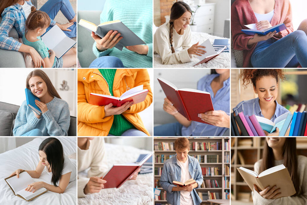 Collage of different people reading books - Foto, Imagem