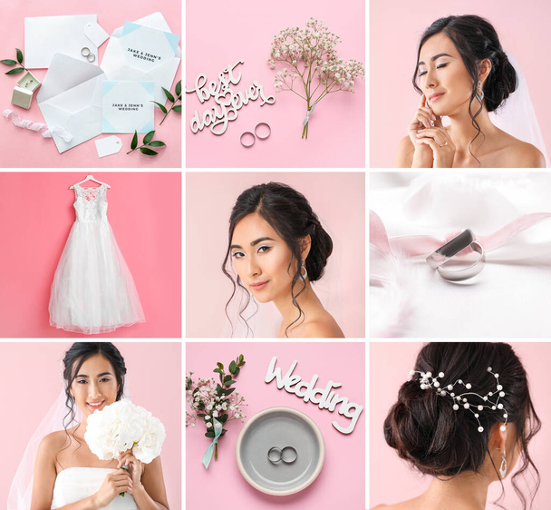 Свадебный коллаж с молодой азиатской невестой, платье, кольца и приглашения на розовом фоне - Фото, изображение