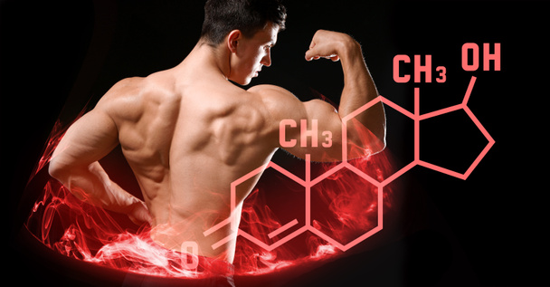 Muscular man and structural chemical formula of testosterone hormone on dark background - Photo, Image