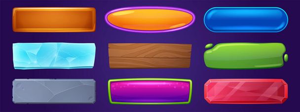 Web and game menu buttons with wooden, ice, stone, glass and crystal textures. Vector cartoon set of rectangle buttons from different materials isolated on background - Vector, Imagen