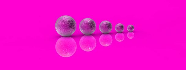 Five balls of metal of different sizes of pink color on pink background. Growth of something. Progress. Reflection. Horizontal image. Banner for insertion into site. 3D image. 3D rendering. - Foto, afbeelding