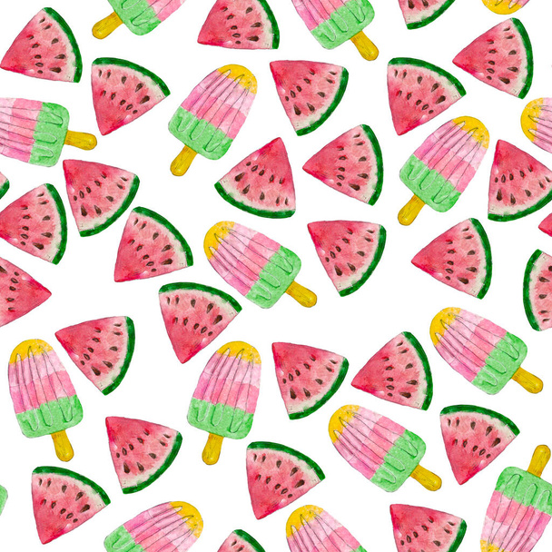 Watercolor hand drawn summer objects pattern, watermelon, frozen ice creame, summer background, cartoon objects, tasty, fruit background - 写真・画像