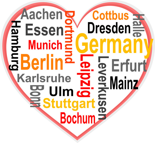 Germany Heart and words cloud with larger cities - Vector, Image