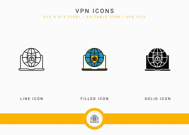 VPN icons set vector illustration with solid icon line style. Secure server concept. Editable stroke icon on isolated background for web design, user interface, and mobile application - Vector, imagen
