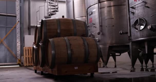 Large stainless steel tanks for wine production in winery and wooden barrels. Production of the concept of elite collection wines and a profitable business - Video