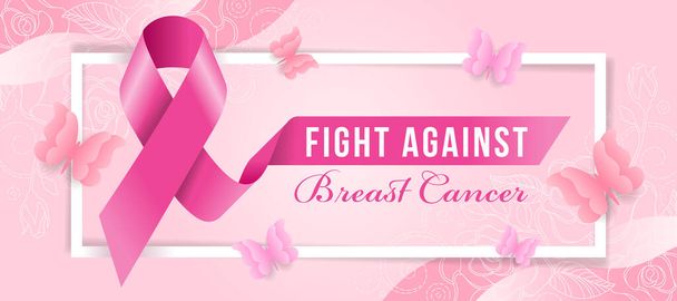 fight against text on pink ribbon sign and Breast cancer text in white frame with butterfly around on soft pink background with line rose texture vector Design - Vettoriali, immagini