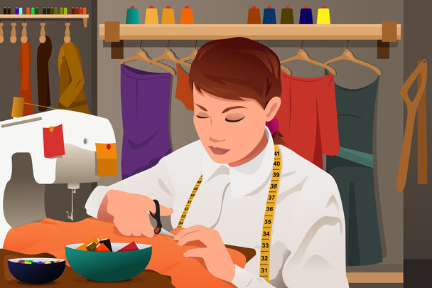 Tailor working with sewing machine - Vector, Image