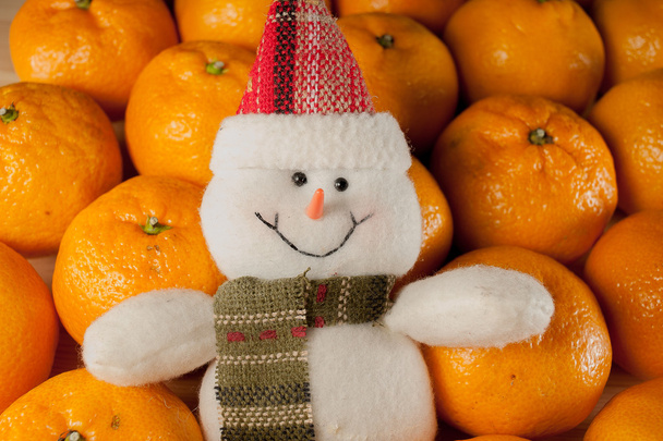 toy snowman against tangerines - Foto, Imagem