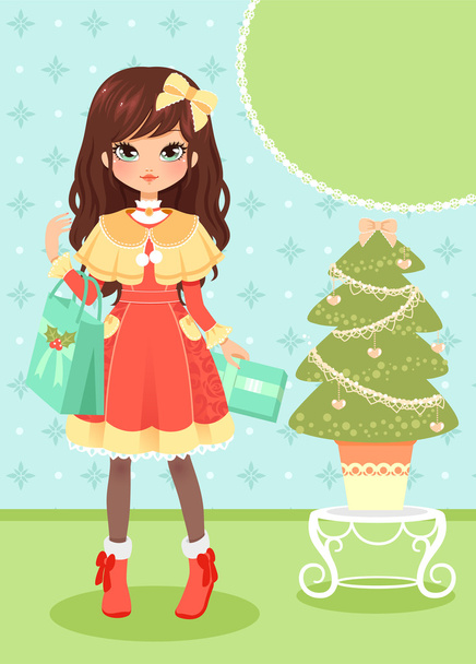 Chica y árbol de Navidad
 - Vector, Imagen