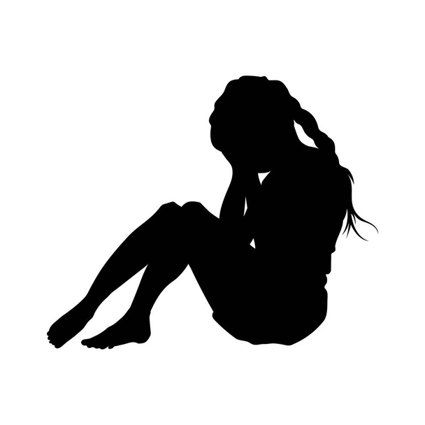 Crying girl silhouette. Isolated scene with sad child. Young woman covers face with hands. Unhappy baby. Vector illustration - Vector, Imagen