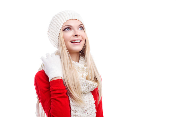 Xmas, christmas, winter holidays, people, happiness concept - bright picture of smiling happy beautiful woman in hat, muffler and gloves white isolated background - Φωτογραφία, εικόνα