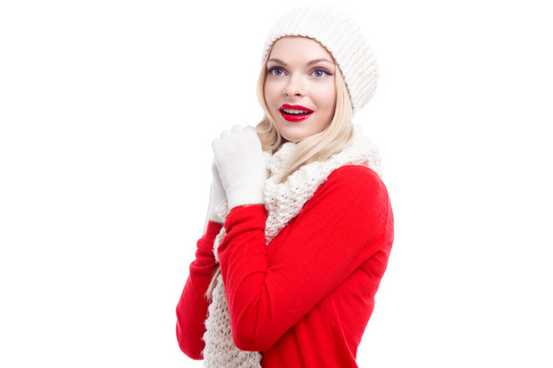 Xmas, christmas, winter holidays, people, happiness concept - bright picture of smiling happy beautiful woman in hat, muffler and gloves white isolated background - Zdjęcie, obraz