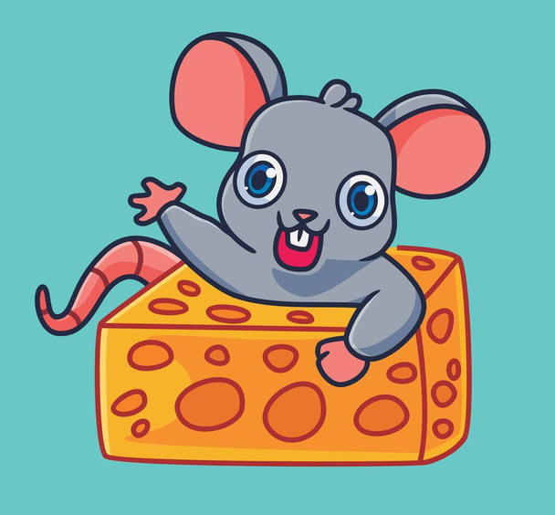 cute cartoon mouse greeting inside the cheese hole. isolated cartoon animal illustration vector - Vektör, Görsel