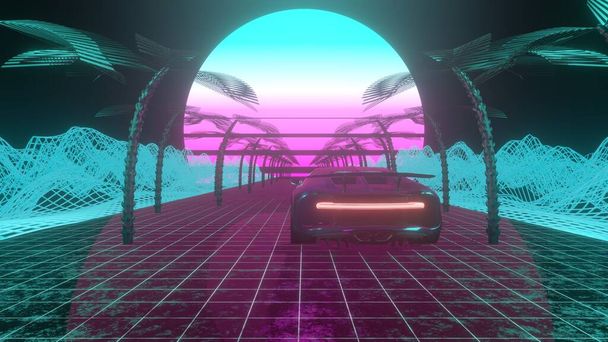 Retro-futuristic landscape with a car moving forward. Seamless 80s stylized neon background suitable for music track or album cover. Retrowave sunset. - Foto, immagini