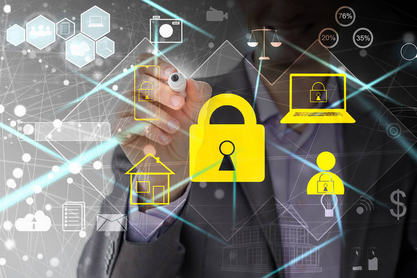 Data protection privacy concept. GDPR. EU. Cyber security network. Business man protecting data personal information on tablet. Padlock icon and internet technology networking connection on digital - Photo, image