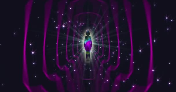 A looped 3D animation of the enlightenment of the multi-colored energy of the human aura fields forming diverging patterns around the meditating person. Video for VJing. High quality 4k footage - Materiał filmowy, wideo