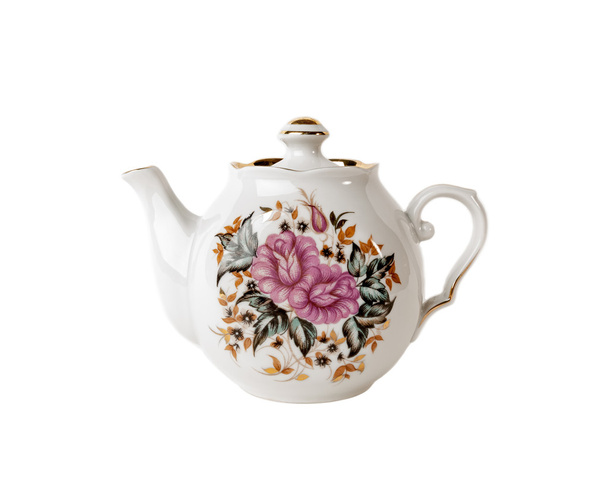 Porzellan Teekanne mit floralem Ornament isoliert über weißem Hintergrund - Foto, Bild