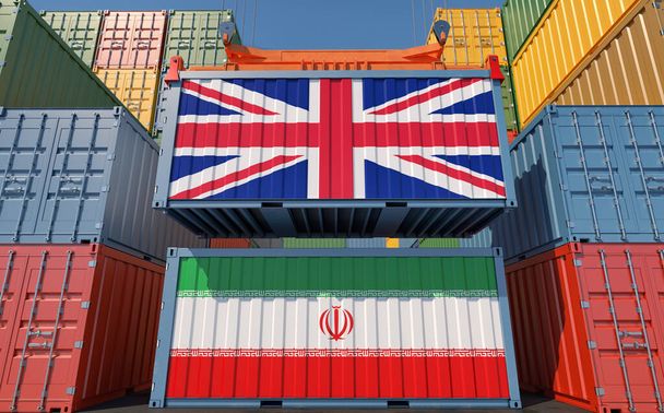 Cargo containers with Iran and United Kingdom national flags. 3D Rendering - Fotografie, Obrázek