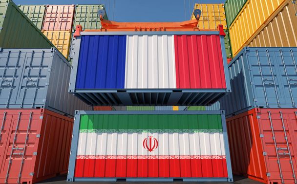 Cargo containers with France and Iran national flags. 3D Rendering - Foto, afbeelding