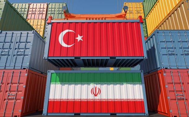 Cargo containers with Iran and Turkey national flags. 3D Rendering - Photo, Image