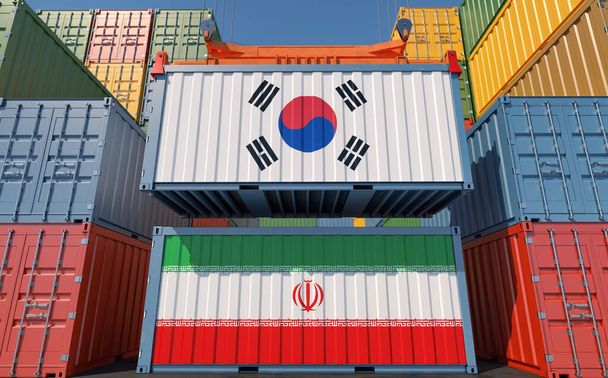 Cargo containers with Iran and South Korea national flags. 3D Rendering - Foto, afbeelding
