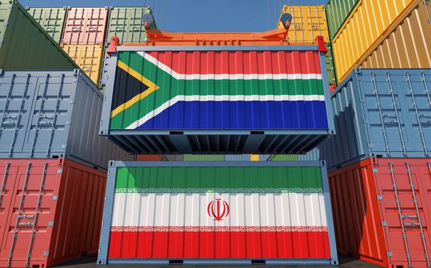 Cargo containers with South Africa and Iran national flags. 3D Rendering - Foto, afbeelding