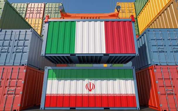 Cargo containers with Iran and Italy national flags. 3D Rendering - Fotó, kép
