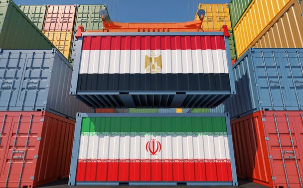 Грузовые контейнеры с национальными флагами Ирана и Египта. 3D рендеринг - Фото, изображение