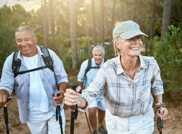 Hiking retired, elderly and senior friends or tourists in forest or mountains for fitness, health and wellness at old age. Diverse group of active mature pensioners outdoors on weekend hike in nature. - Zdjęcie, obraz