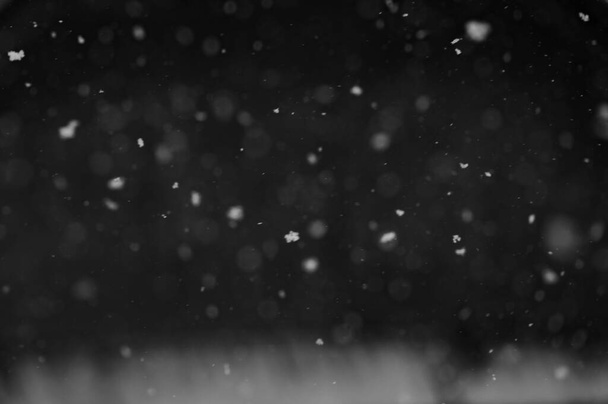Bokeh de nieve blanca sobre un fondo negro. nevada - nuevo elemento de diseño. - Foto, imagen