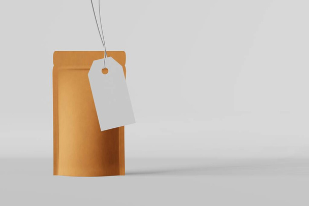 Шаблон сумки брендингу цінник макет білого фону 3D рендеринга. Дизайн упаковки товарів. Порожній крафт-паперовий пакет кавових зерен саше продукт.
 - Фото, зображення