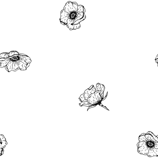Vector Black and White Wild Roses Vintage Drawing seamless pattern background. - Vektor, Bild