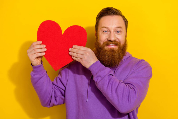 Photo of cheerful cute man wear violet sweatshirt rising big red heart isolated yellow color background. - Fotografie, Obrázek