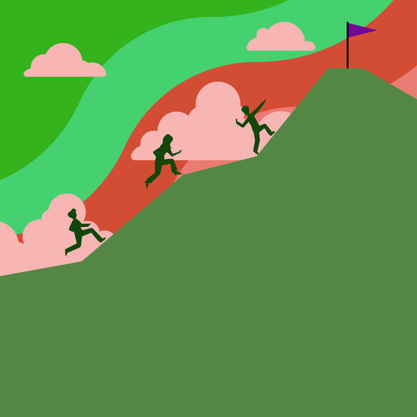 Группа людей, взбирающихся на гору, чтобы достичь цели с флагом на вершине. - Вектор,изображение