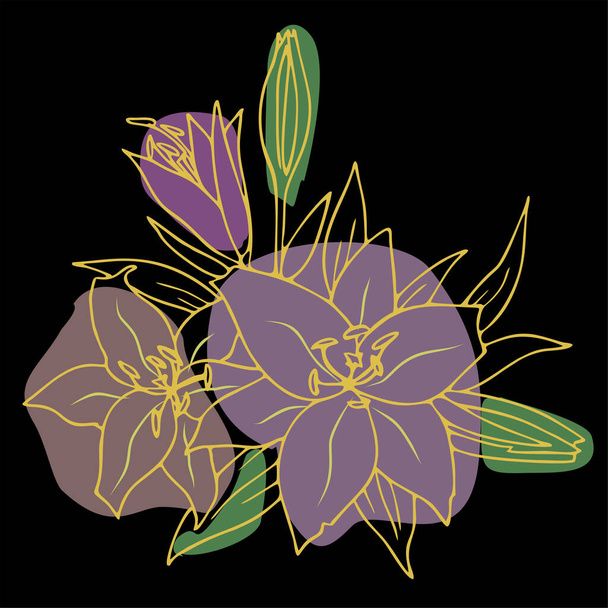 golden contour drawing of a flower on a black background and colored spots, modern graphics, design - Vector, afbeelding