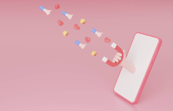 Hand holding magnet coming out of phone screen to attract emoji, heart and like, digital marketing content to attract people concept, 3d render illustration. - 写真・画像