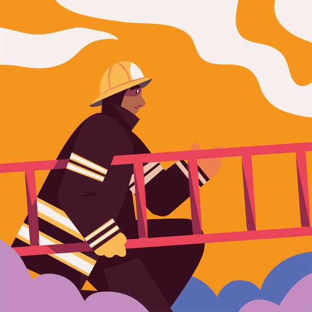 баннер с пожарным, держащим лестницу - Вектор,изображение
